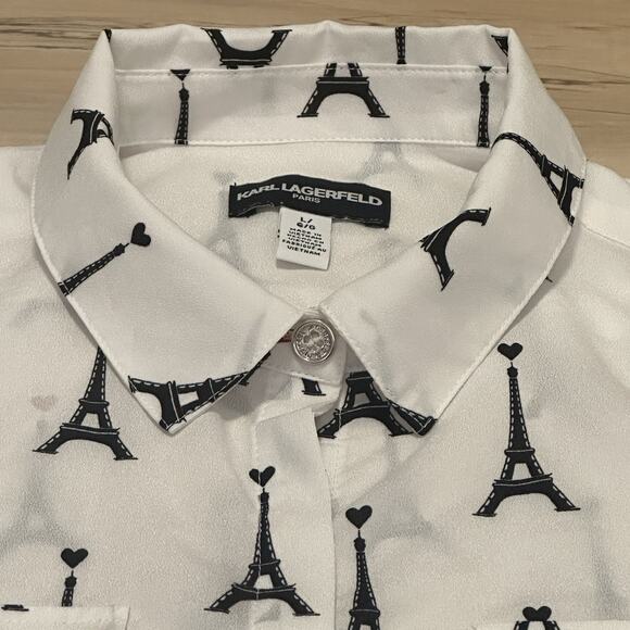 Karl Lagerfeld Paris Women Large Blouse Button Eiffel Tower White - Picture 5 of 11